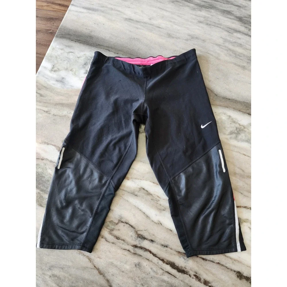 Nike Dri-FIT Womens Black Pink Reflective Running Cropped Capri Leggings Size M